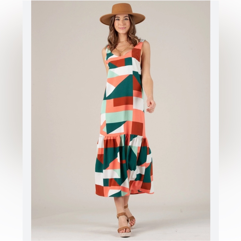 NWT Lucca Ember Low Back Ruffle Hem Dress in Green Coral Geo Print size Small